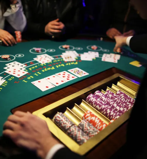 People are playing blackjack at a casino table covered with cards and chips, their excitement mirroring a lively evening at a Torch Lake bed and breakfast. The dealer’s hand and neatly stacked poker chips are visible in the foreground.