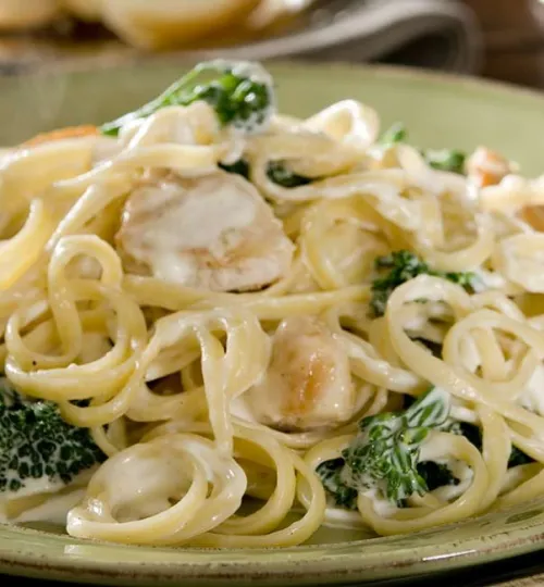 A plate of creamy fettuccine Alfredo pasta with chicken and broccoli, served on a green ceramic dish—perfect comfort food after a day exploring Torch Lake or relaxing at a cozy bed and breakfast.