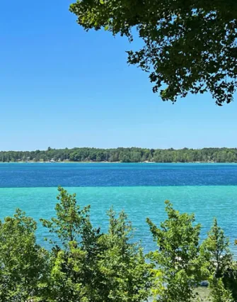A scenic view of Torch Lake with clear turquoise and deep blue water, bordered by green trees in the foreground and a forested shoreline in the distance under a clear blue sky—perfect for a relaxing stay at a nearby bed and breakfast.