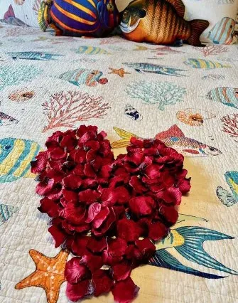 A heart shape made of red rose petals is arranged on a bedspread decorated with colorful fish, coral, and starfish at this charming Torch Lake bed and breakfast. Fish-shaped pillows are placed against the headboard.